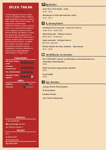 Eczacı CV Örnekleri cv indir